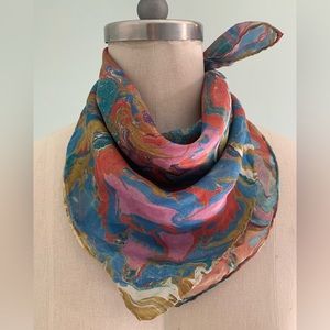 One of a kind Gamma Folk hand dyed marbled silk scarf. 20”x21”